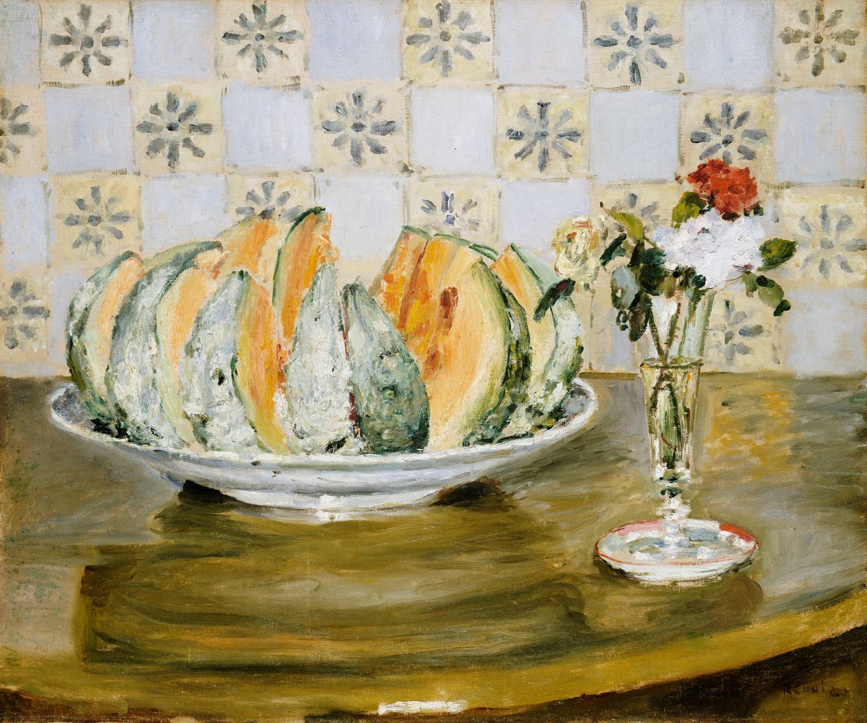 Stilleben av en melon och en vas med blommor, c.1872 av Pierre Auguste Renoir