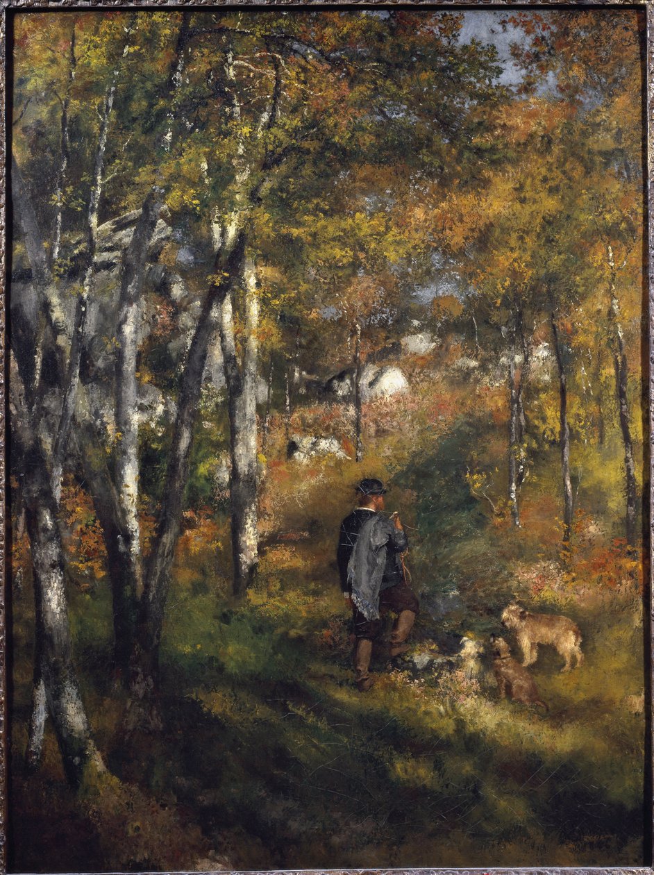 Målaren Jules Le Coeur med sina hundar i skogen i Fontainebleau Målning av Pierre-Auguste Renoir (1841-1919) 1866 Dim 105x79 cm Sao Paulo, Museum of Art, Brasilien av Pierre Auguste Renoir