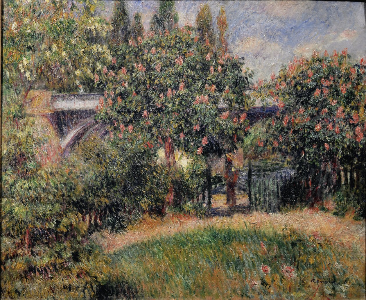 Järnvägsbron i Chatou eller de rosa kastanjeträden - 1881. Olja på duk av Pierre Auguste Renoir
