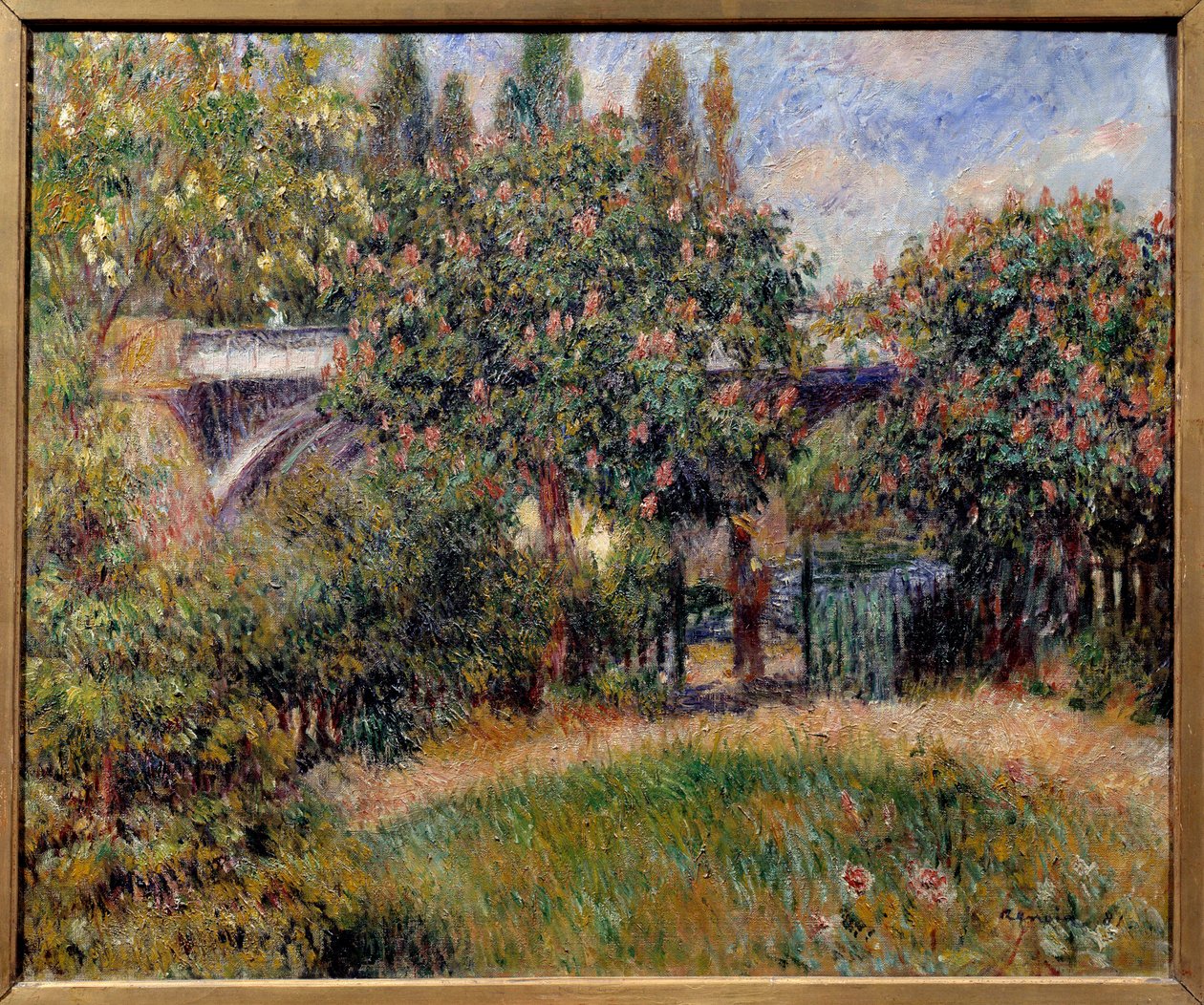 Järnvägsbron i Chatou eller de rosa kastanjeträden. Målning av Pierre Auguste Renoir (1841-1919) av Pierre Auguste Renoir