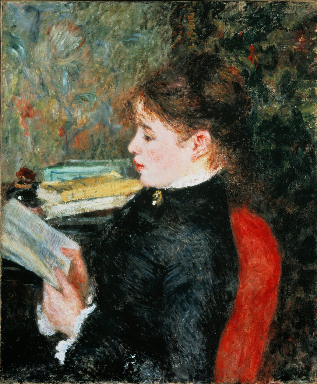 Läsaren (Kvinna som läser). Målning av Pierre Auguste Renoir (Pierre-Auguste av Pierre Auguste Renoir