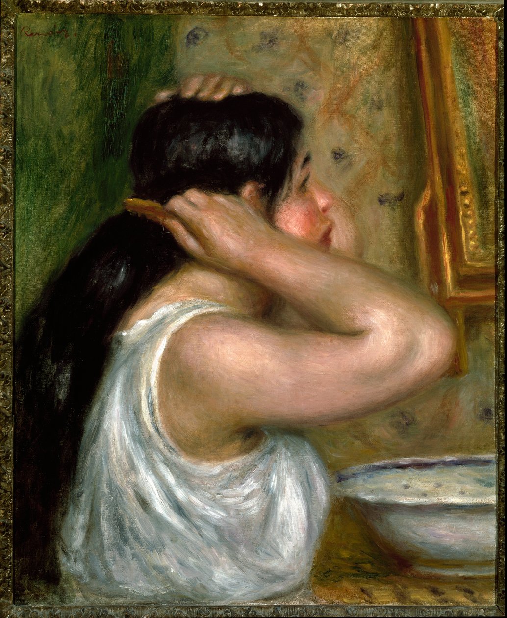 Toaletten: kvinna som målar sig själv (olja på duk av Pierre Auguste Renoir