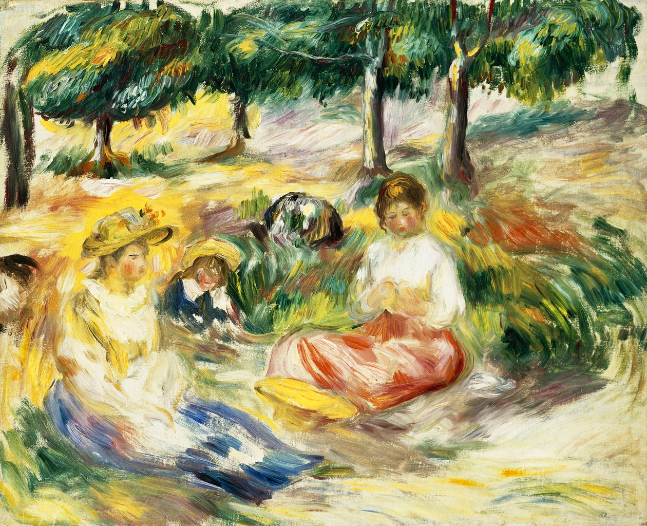Tre flickor som sitter på gräset; Tre unga flickor sitter på gräset, 1896-1897 av Pierre Auguste Renoir