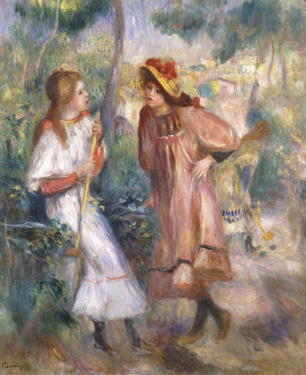 Två flickor i trädgården i Montmartre; Två flickor i Montmartres trädgård, 1895 av Pierre Auguste Renoir