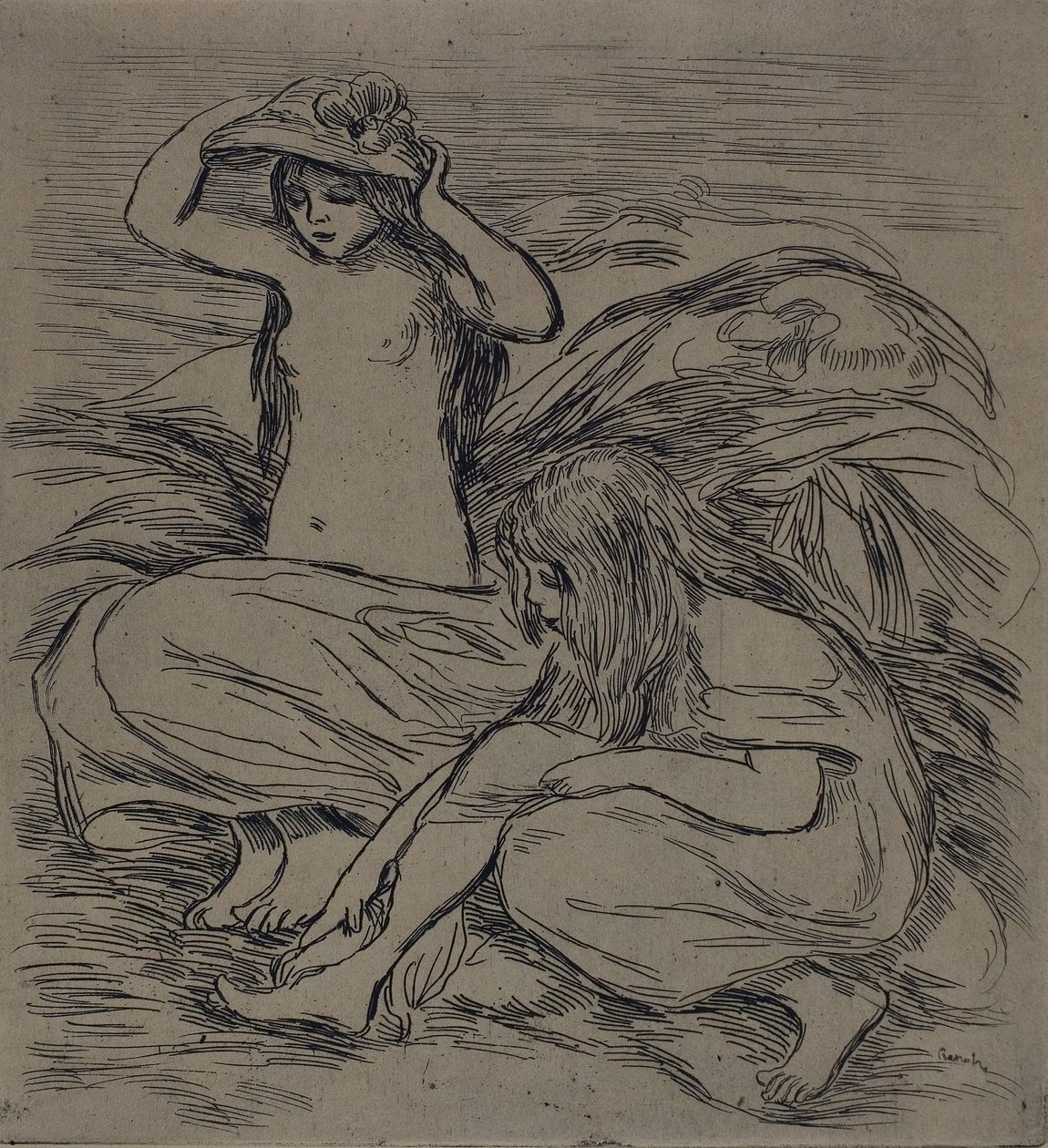 Two Women Bathing, ca 1895 (etsning på brunt vävt papper) av Pierre Auguste Renoir