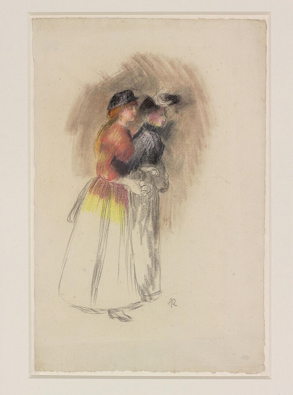 Två kvinnor som går till höger, ca 1890 (svart krita och pastell) av Pierre Auguste Renoir
