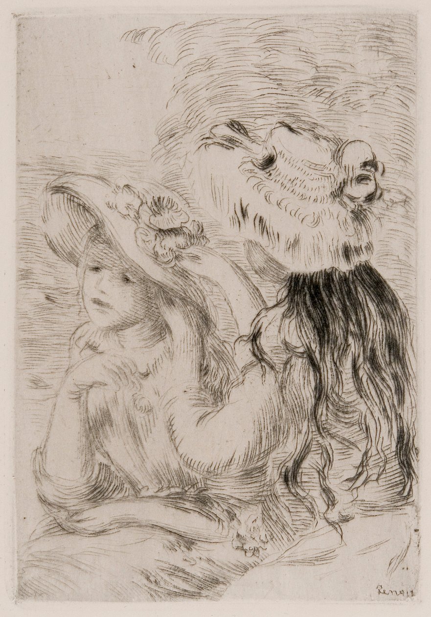 Två unga flickor som fäster blommor på sina hattar, c1897. av Pierre Auguste Renoir