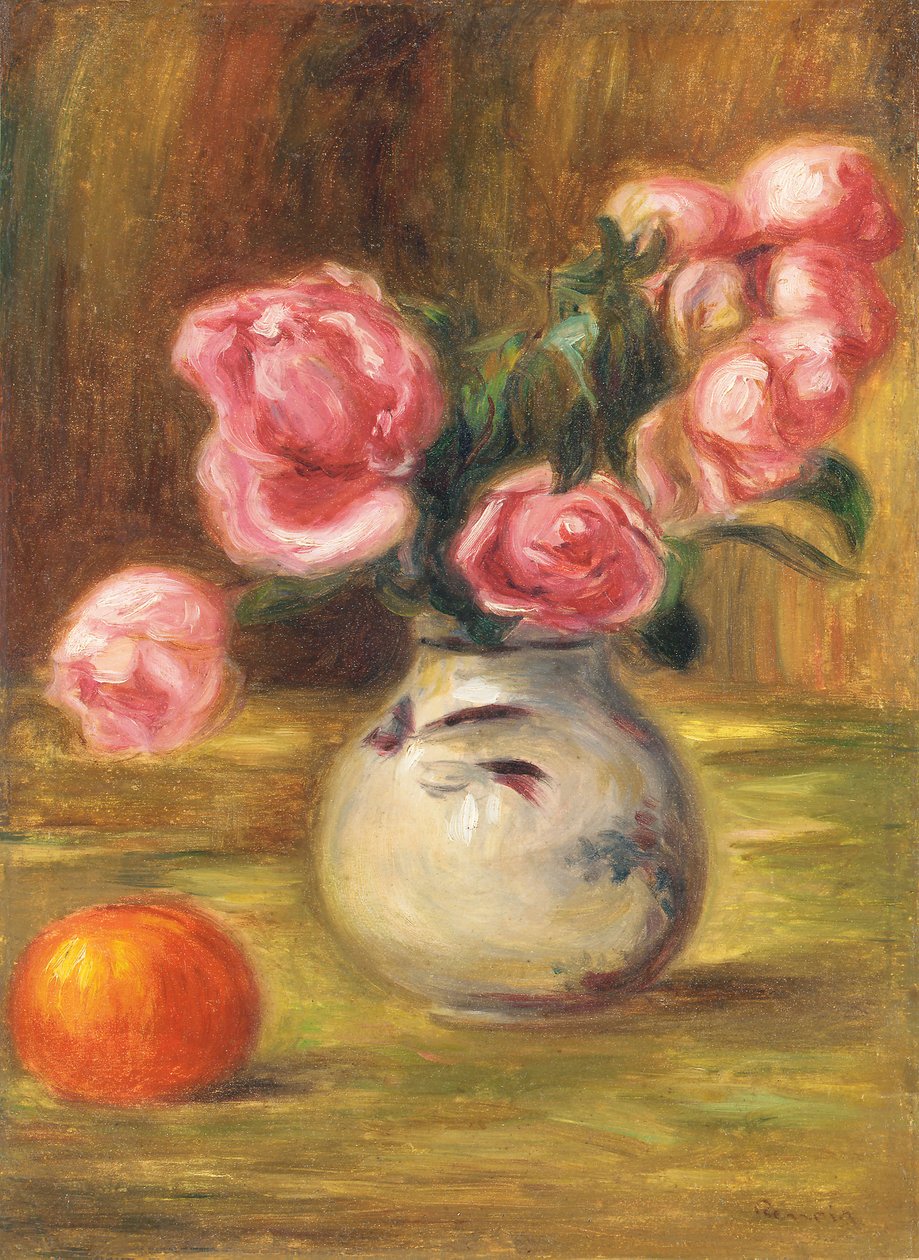 Vas med rosor och en apelsin, 1910 av Pierre Auguste Renoir