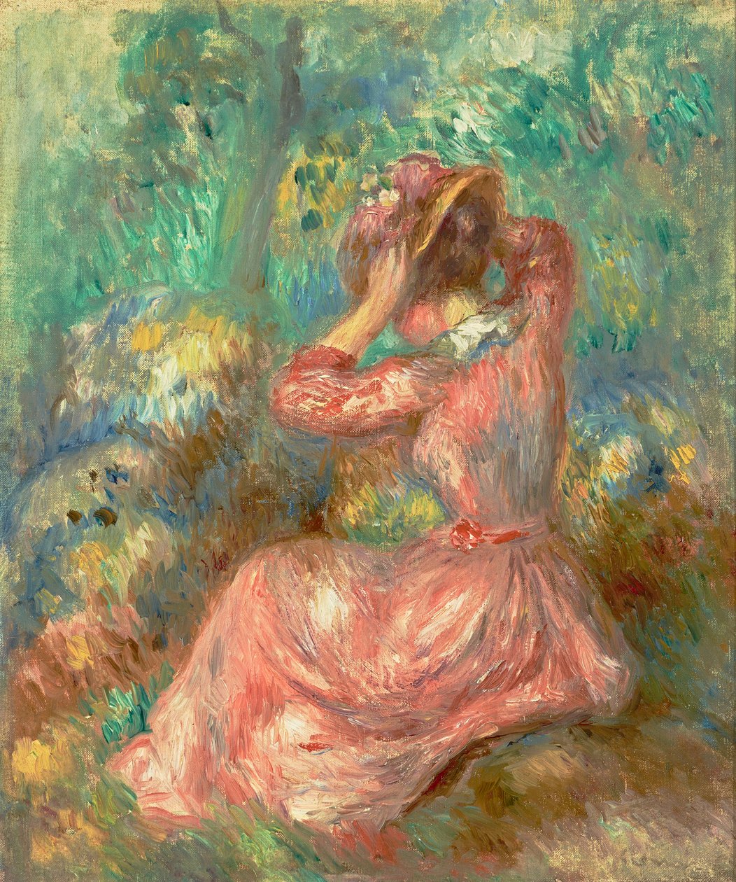 Kvinna ordnar sin hatt 1890 (olja på duk) av Pierre Auguste Renoir