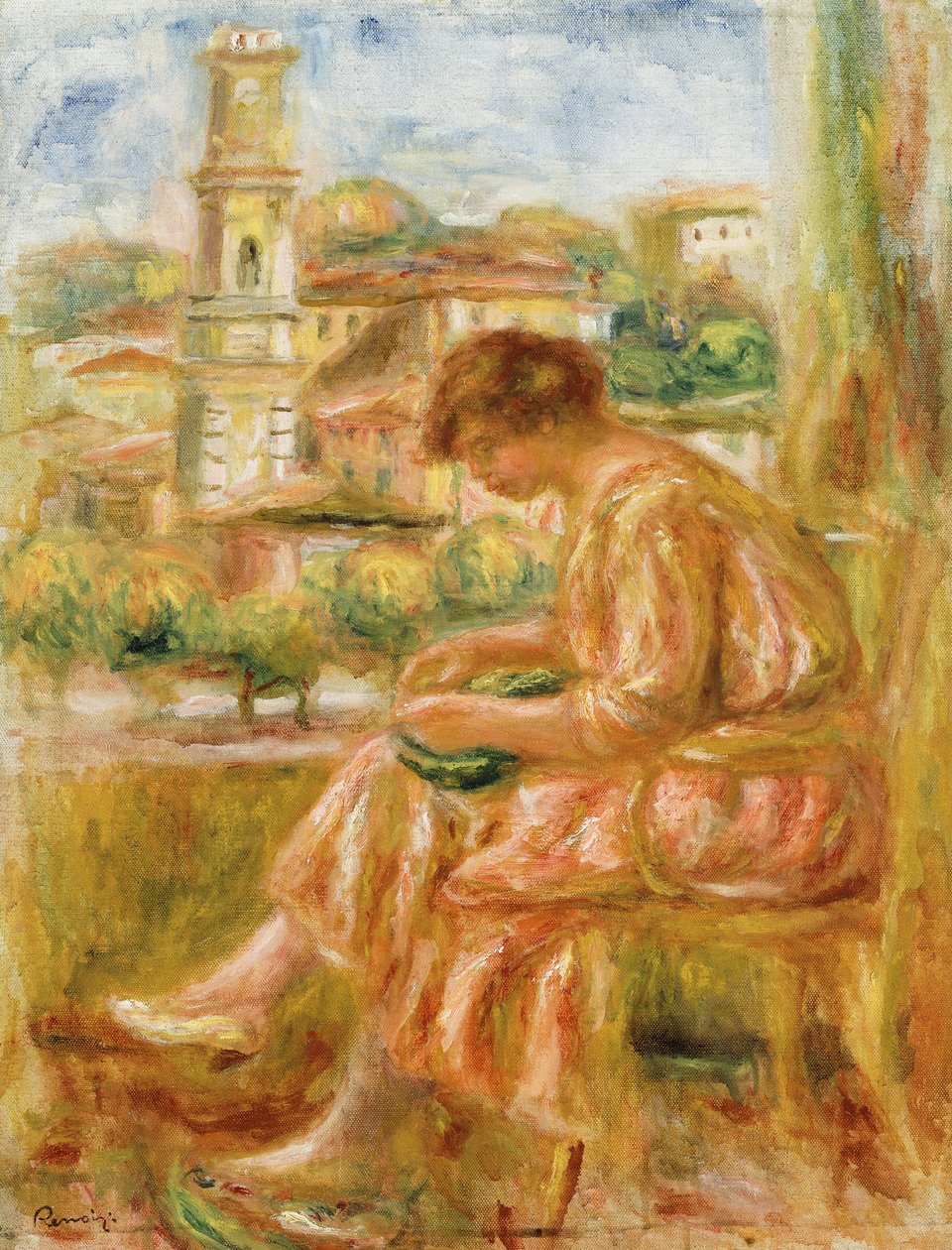 Kvinna vid fönstret med utsikt över Gamla Nice, 1918 av Pierre Auguste Renoir