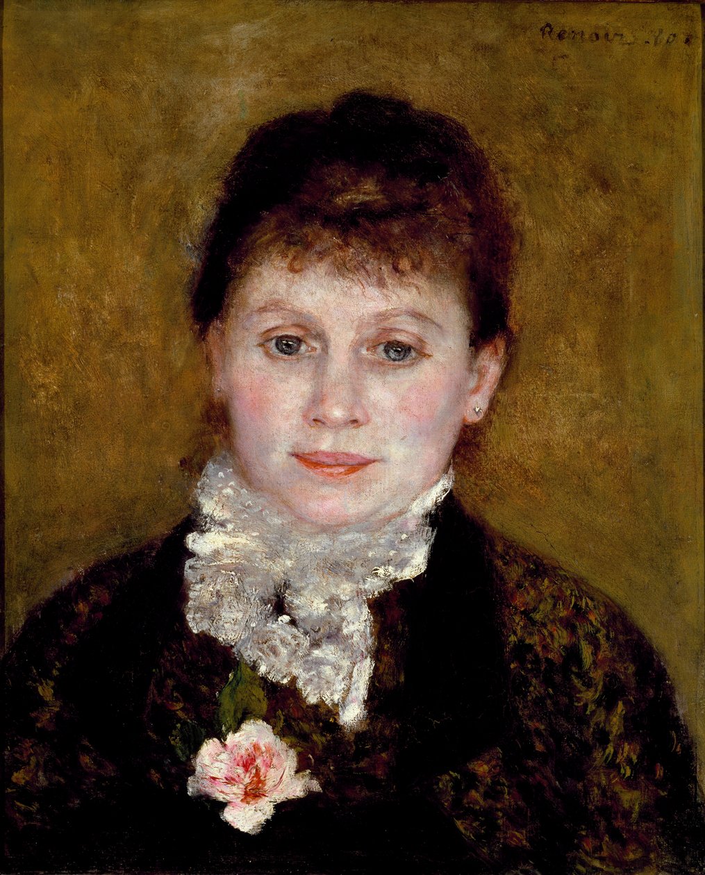 Kvinnan har en vit krage. Porträtt av en kvinna med en ros av Pierre Auguste Renoir