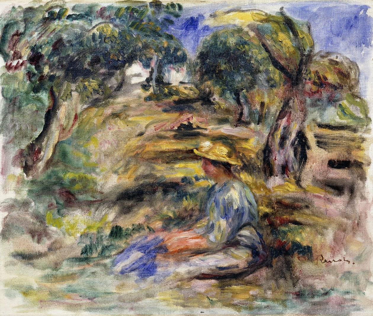 Kvinna i blått, sittande; Sittande kvinna i blått, av Pierre Auguste Renoir