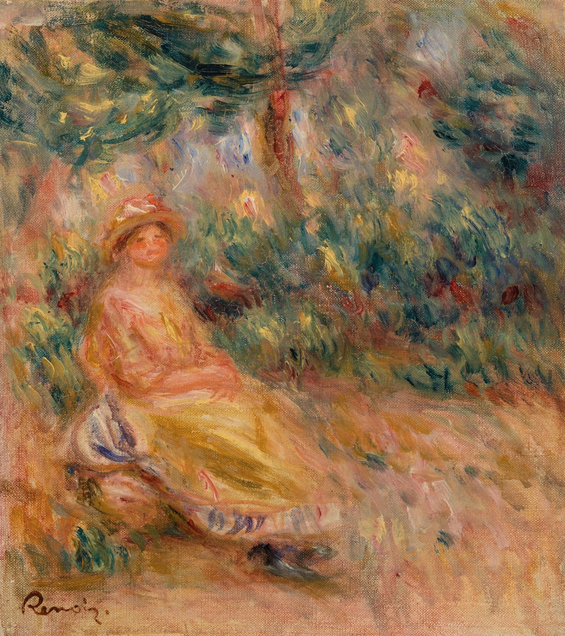 Kvinna i rosa och gult i ett landskap av Pierre Auguste Renoir