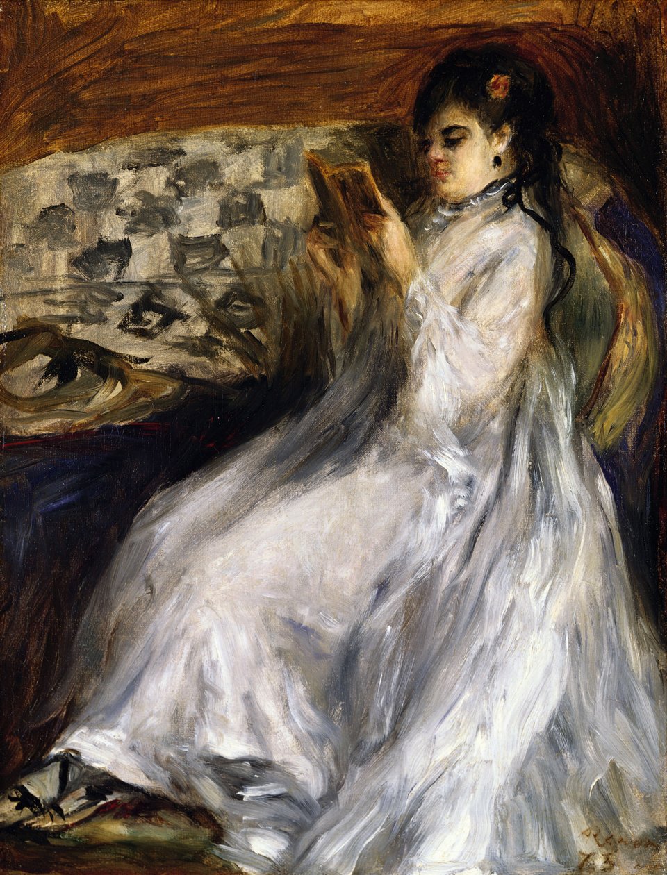 Kvinna i vit läsning av Pierre Auguste Renoir