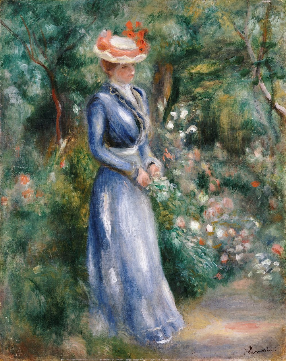 Kvinna i en blå klänning står i trädgården på Saint-Cloud av Pierre Auguste Renoir