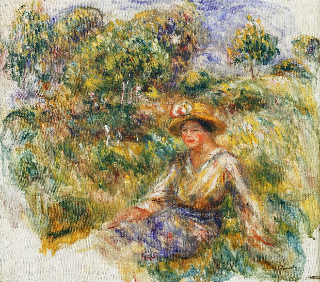 Kvinna i en blå hatt som sitter på gräset; Kvinna i blått i hatt som sitter på gräset, c.1916 av Pierre Auguste Renoir