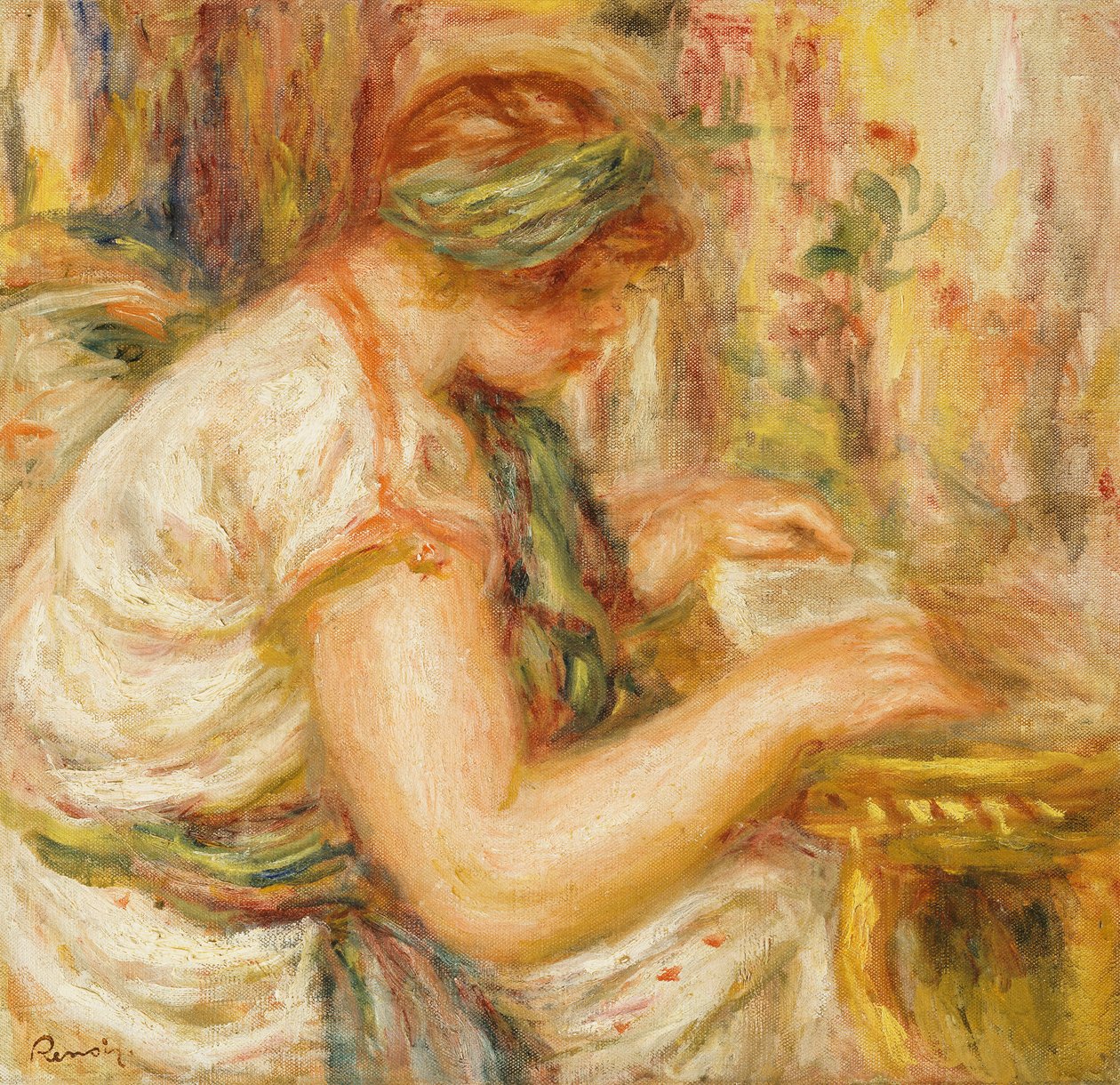 Kvinna i en arabisk blus läsning av Pierre Auguste Renoir