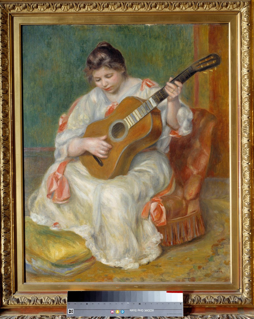 Kvinna som spelar gitarr. Målning av Pierre Auguste Renoir (1841-1919) av Pierre Auguste Renoir