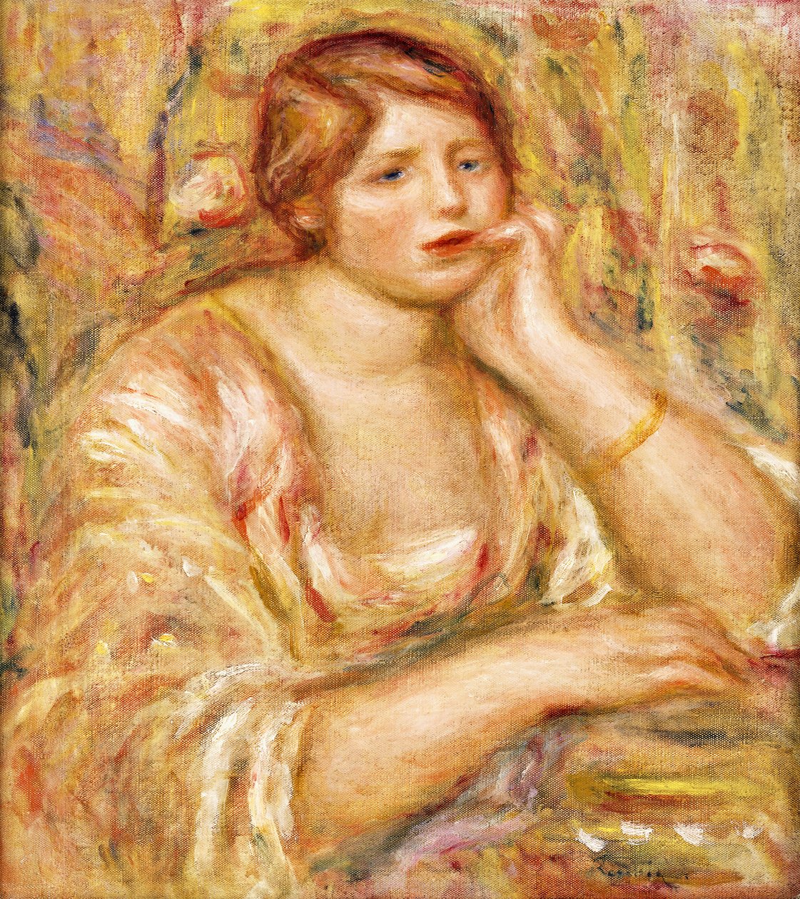 Kvinna med handen mot hennes ansikte; Femme de Face, Accoudee, 1919 av Pierre Auguste Renoir