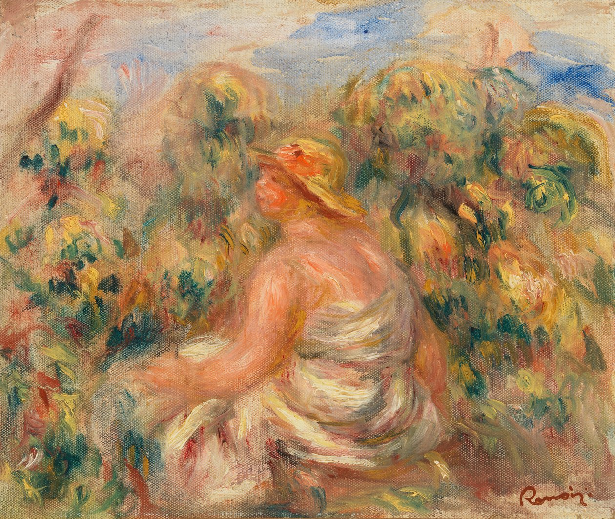 Kvinna med hatt i ett landskap av Pierre Auguste Renoir