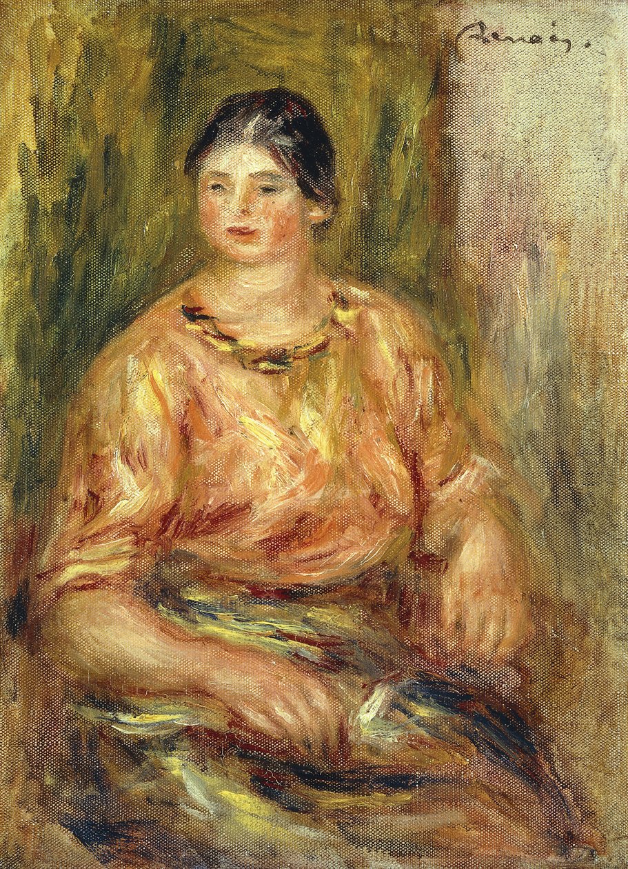 Kvinna med Rose Corsage; Femme au Corsage Rose av Pierre Auguste Renoir