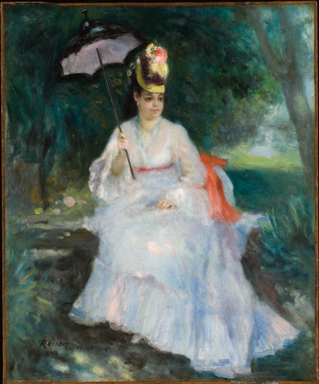 Kvinna med ett parasoll sittande i trädgården (Lise Trehot) av Pierre Auguste Renoir
