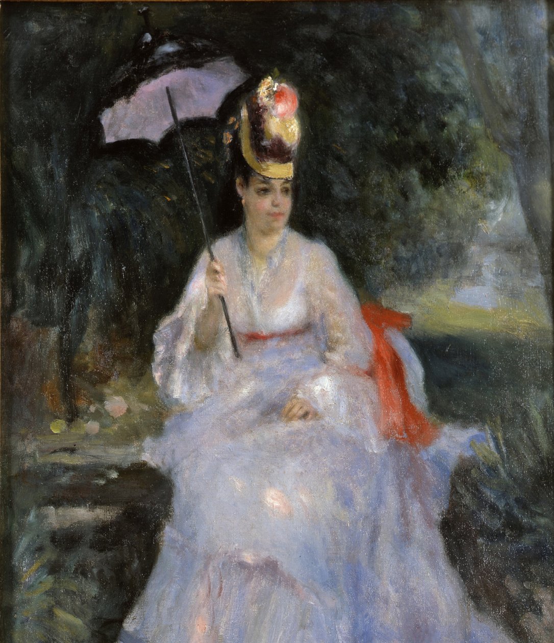 Kvinna med ett parasoll som sitter i en trädgård, 1872 av Pierre Auguste Renoir