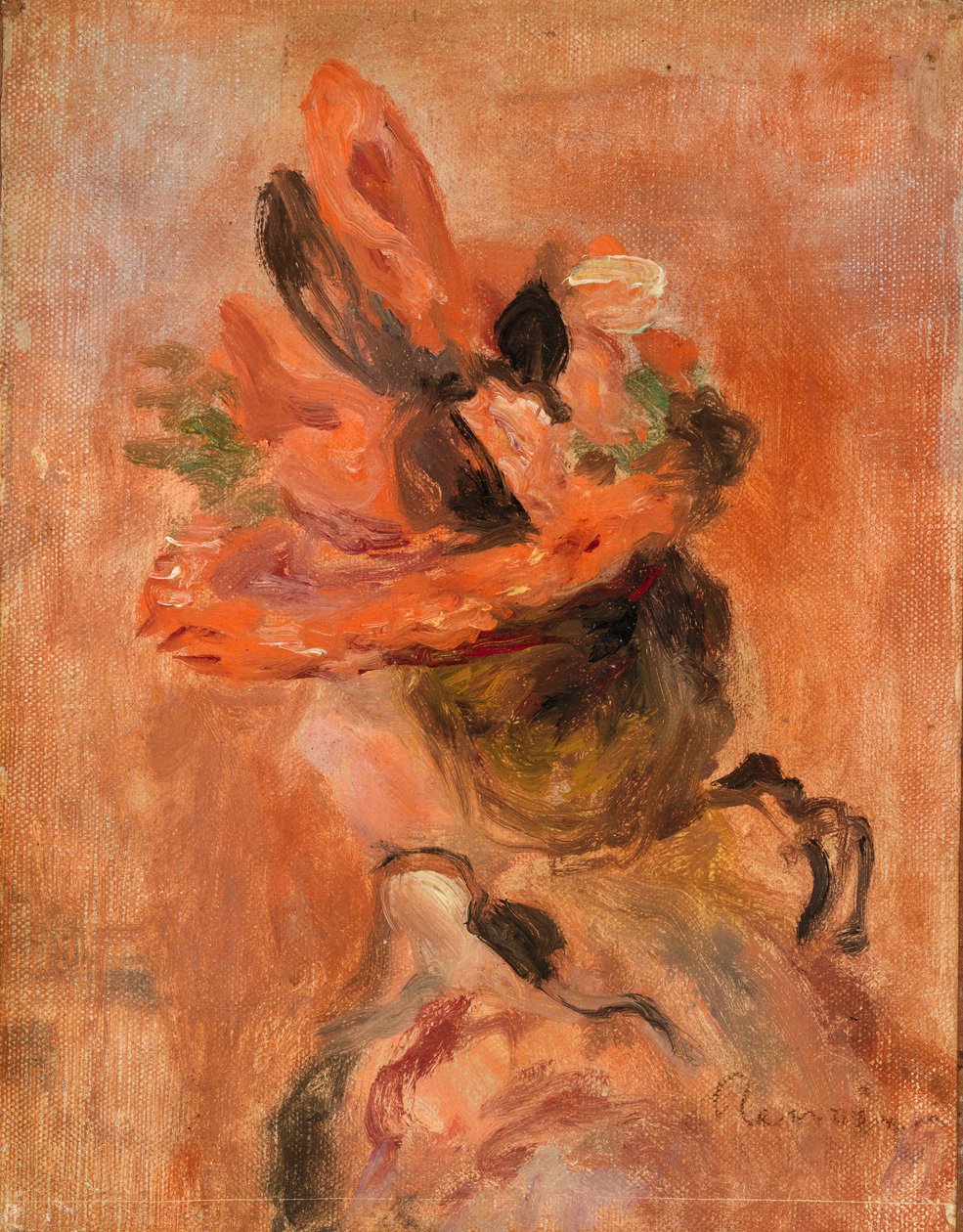 Kvinnans huvud med röd hatt av Pierre Auguste Renoir