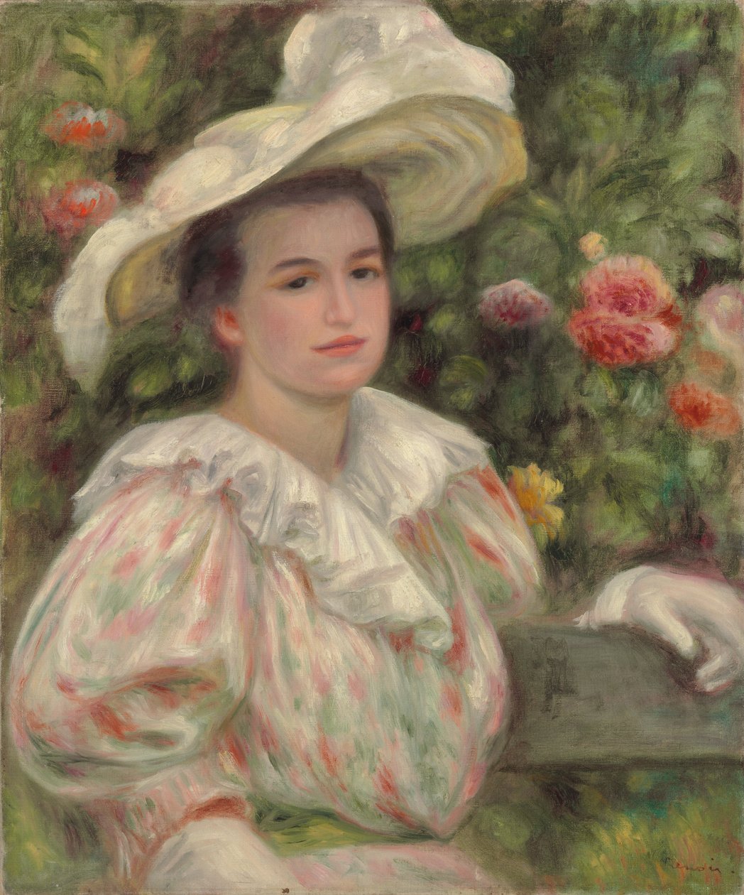 Ung flicka bland blommor eller kvinna med vit hatt; Ung flicka i guldblommor Kvinna i en vit hatt, c.1895 av Pierre Auguste Renoir