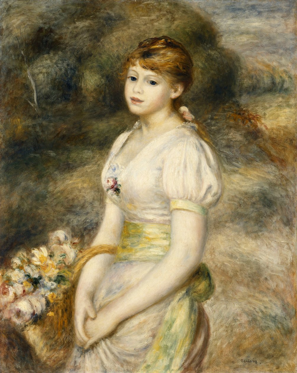 Ung flicka som bär en korg med blommor; Ung flicka som bär en korg med blommor, 1888 av Pierre Auguste Renoir