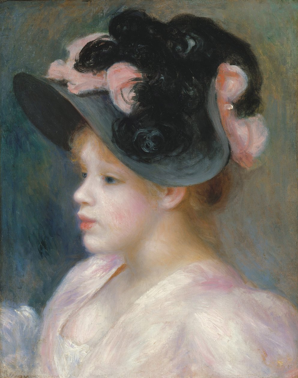 Ung flicka i en rosa och svart hatt, ca 1891 av Pierre Auguste Renoir