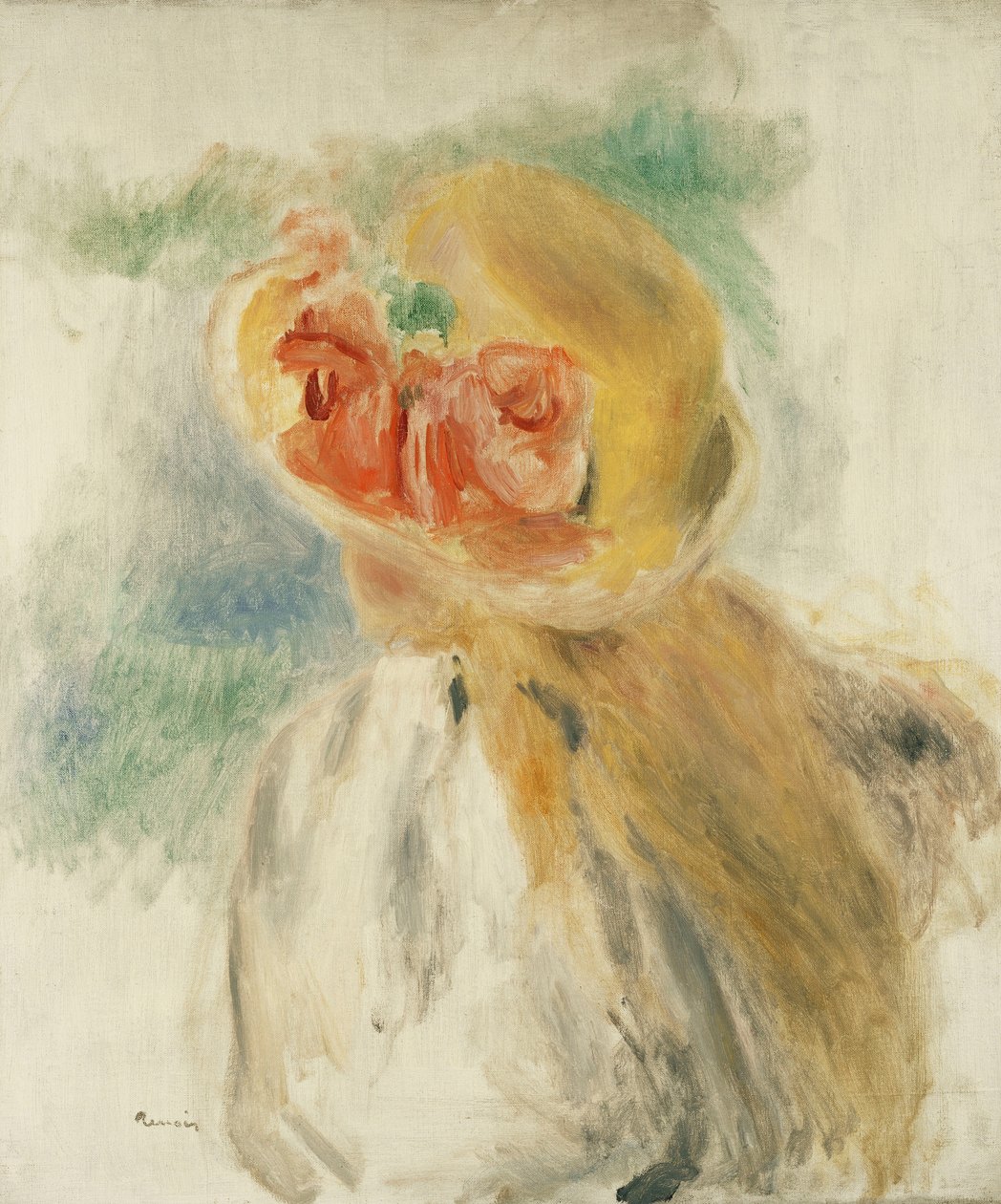 Ung flicka med blommor i hatten; Ung flicka i en blommig hatt, ca 1900-1905 av Pierre Auguste Renoir
