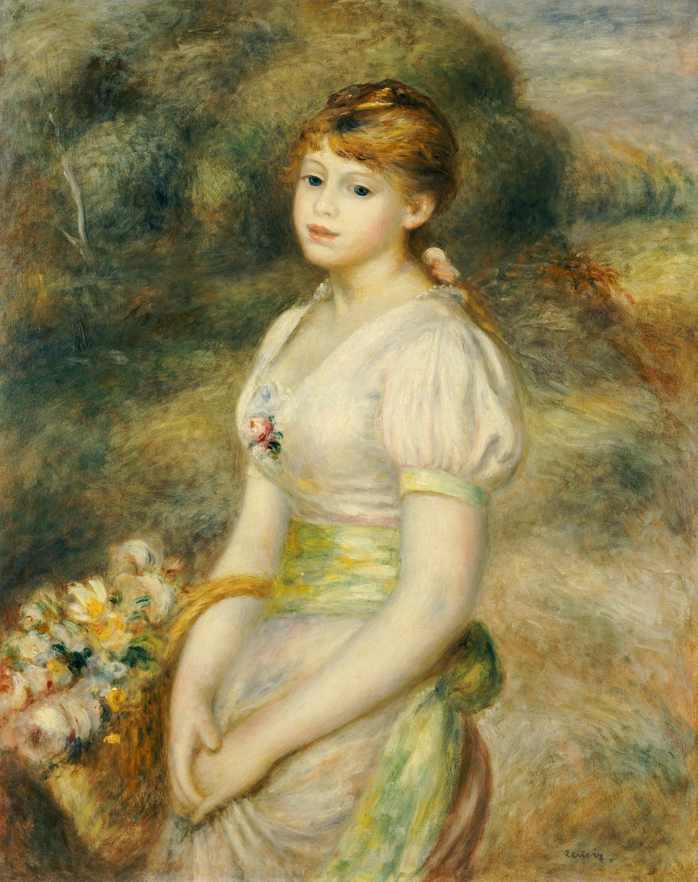 Ung flicka med en korg med blommor (olja på duk) av Pierre Auguste Renoir