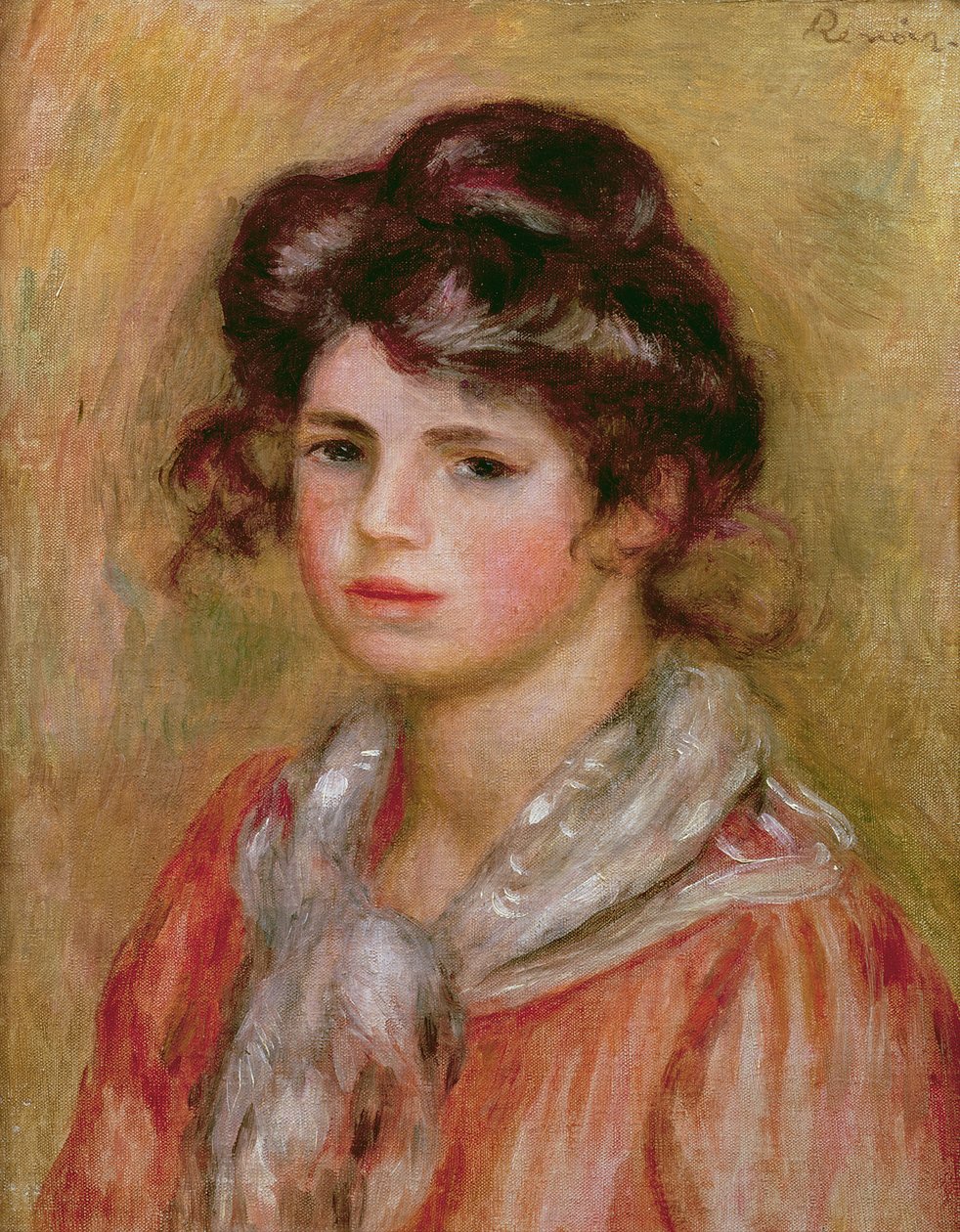 Ung flicka med en vit näsduk, ca 1907 av Pierre Auguste Renoir