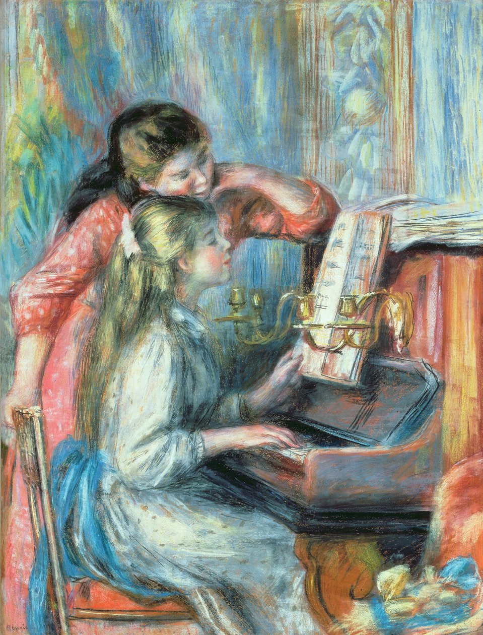 Unga flickor vid pianot, 1892 (gouache) av Pierre Auguste Renoir