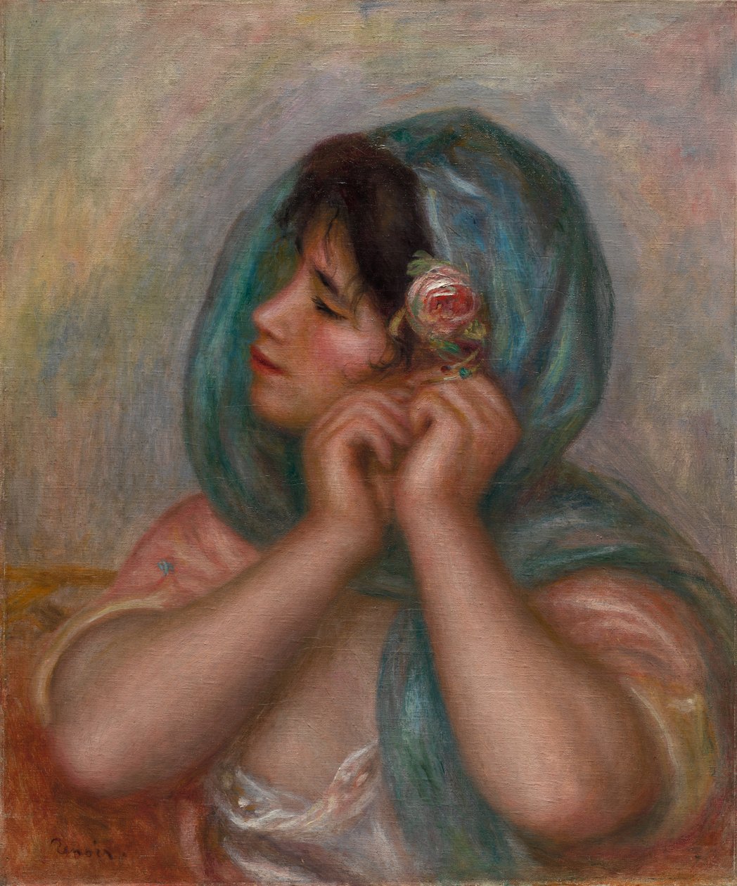 Ung kvinna som arrangerar sitt örhänge, 1905. av Pierre Auguste Renoir