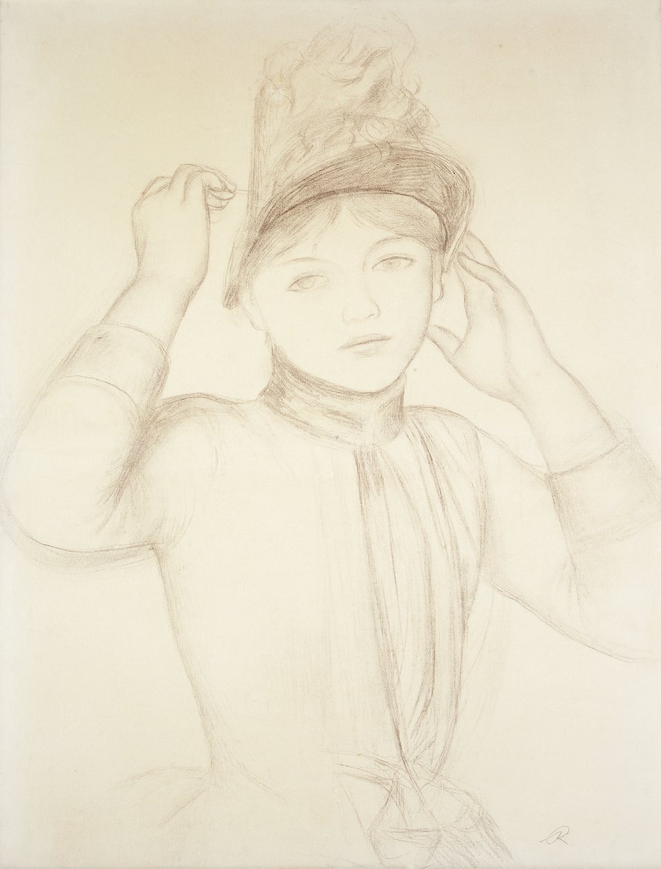 Ung kvinna som ordnar hennes hatt; Ung flicka som arrangerar sin hatt, c.1885 av Pierre Auguste Renoir