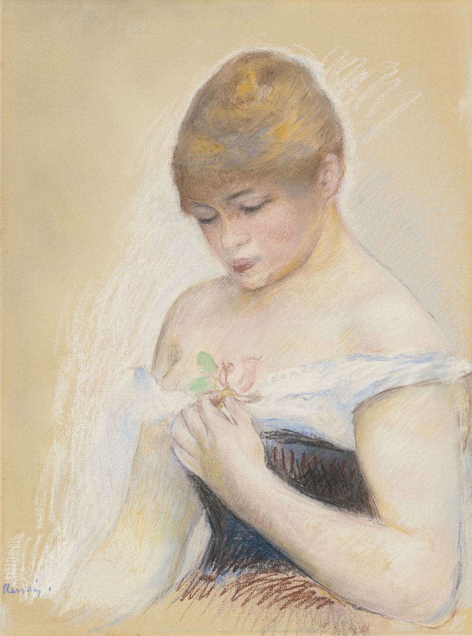Ung Kvinna Som Håller En Blomma. Porträtt av skådespelerskan Jeanne Samary, ca. 1880 av Pierre Auguste Renoir