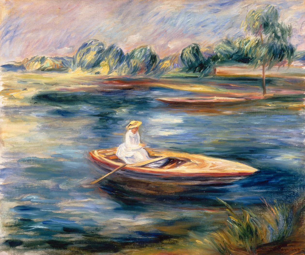 Ung kvinna sitter i en roddbåt (olja på duk) av Pierre Auguste Renoir