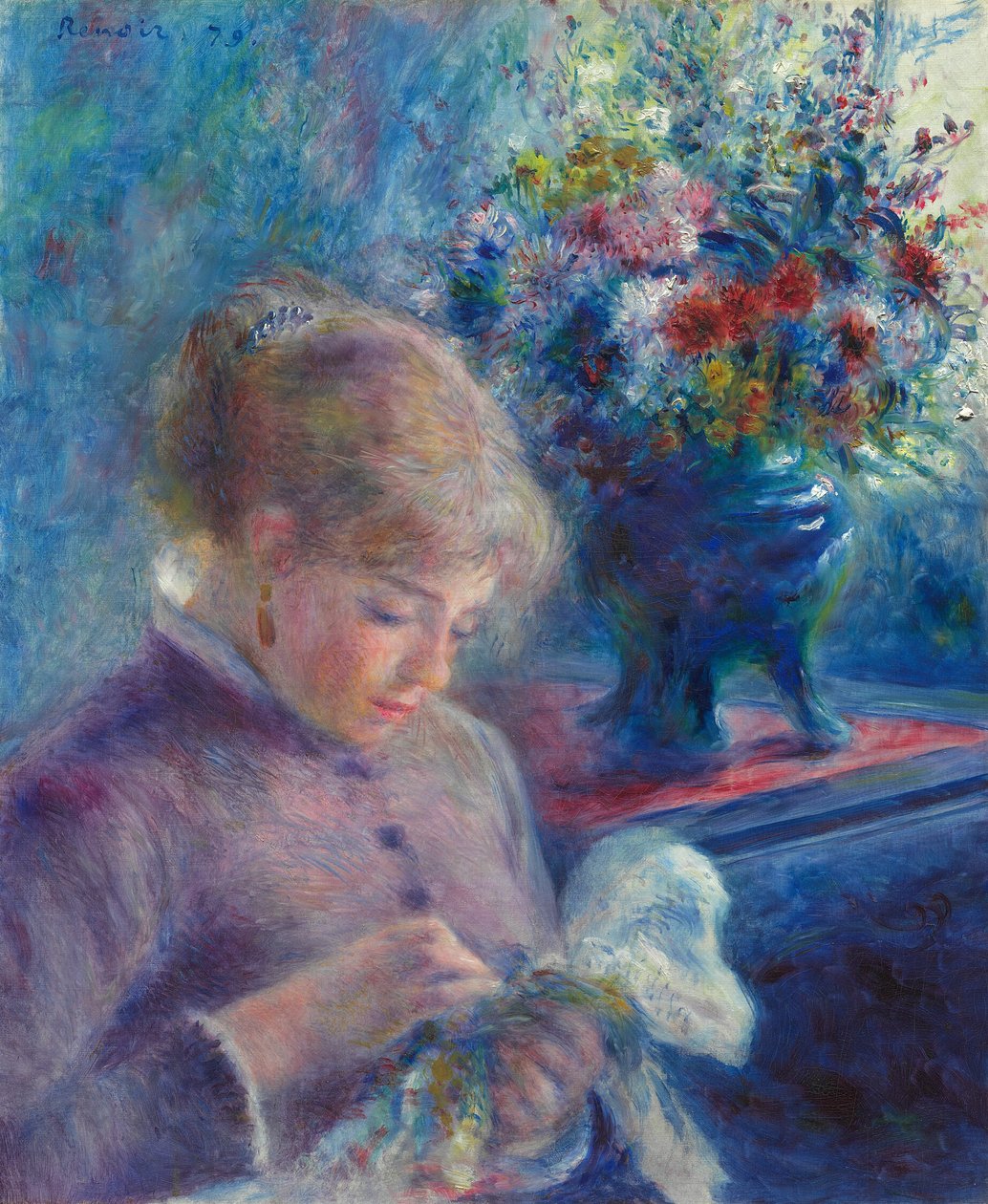 Ung kvinna sysslar med sömnad av Pierre Auguste Renoir