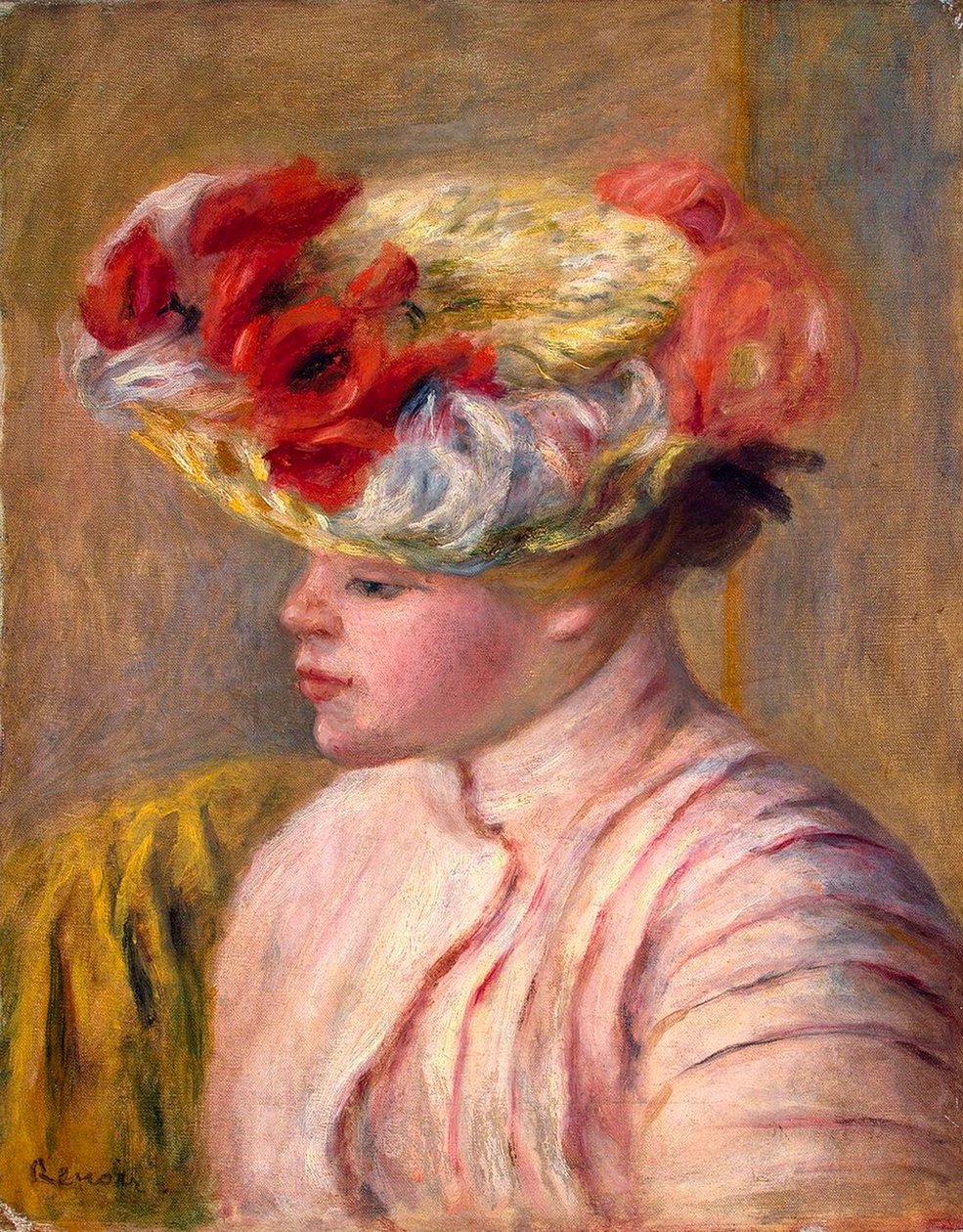 Ung kvinna i en blommig hatt, 1892. av Pierre Auguste Renoir