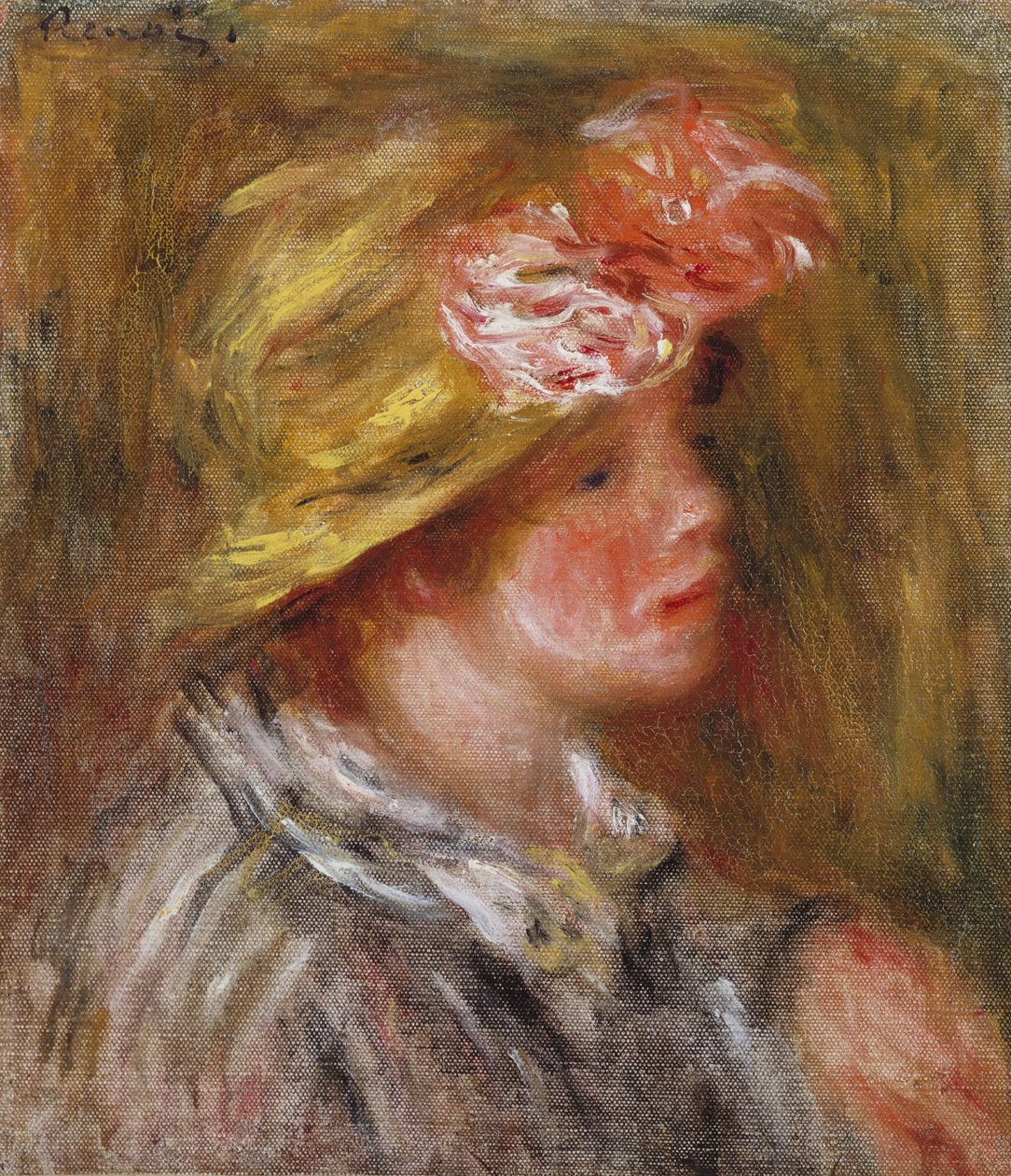 Ung kvinna i en blommig hatt av Pierre Auguste Renoir