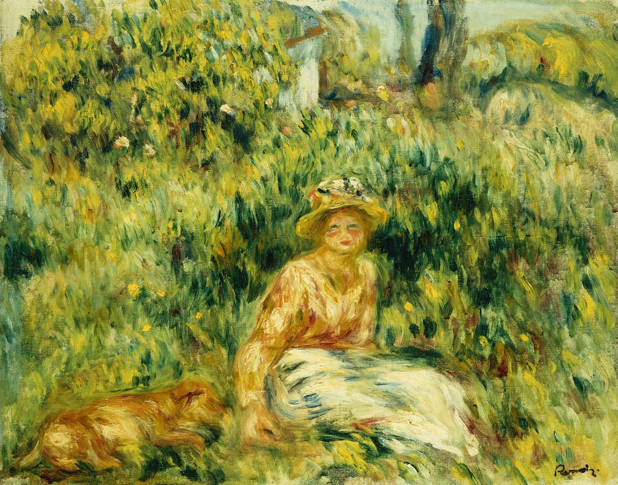 Ung kvinna i en trädgård; Ung kvinna i en trädgård, ca 1916 av Pierre Auguste Renoir