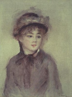 Ung kvinna med hatt (olja på duk) av Pierre Auguste Renoir