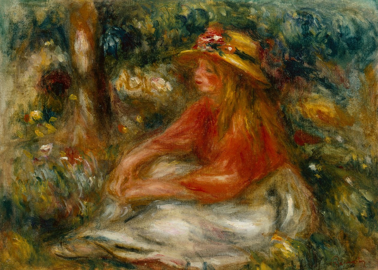 Ung kvinna sittande på gräset (olja på duk) av Pierre Auguste Renoir