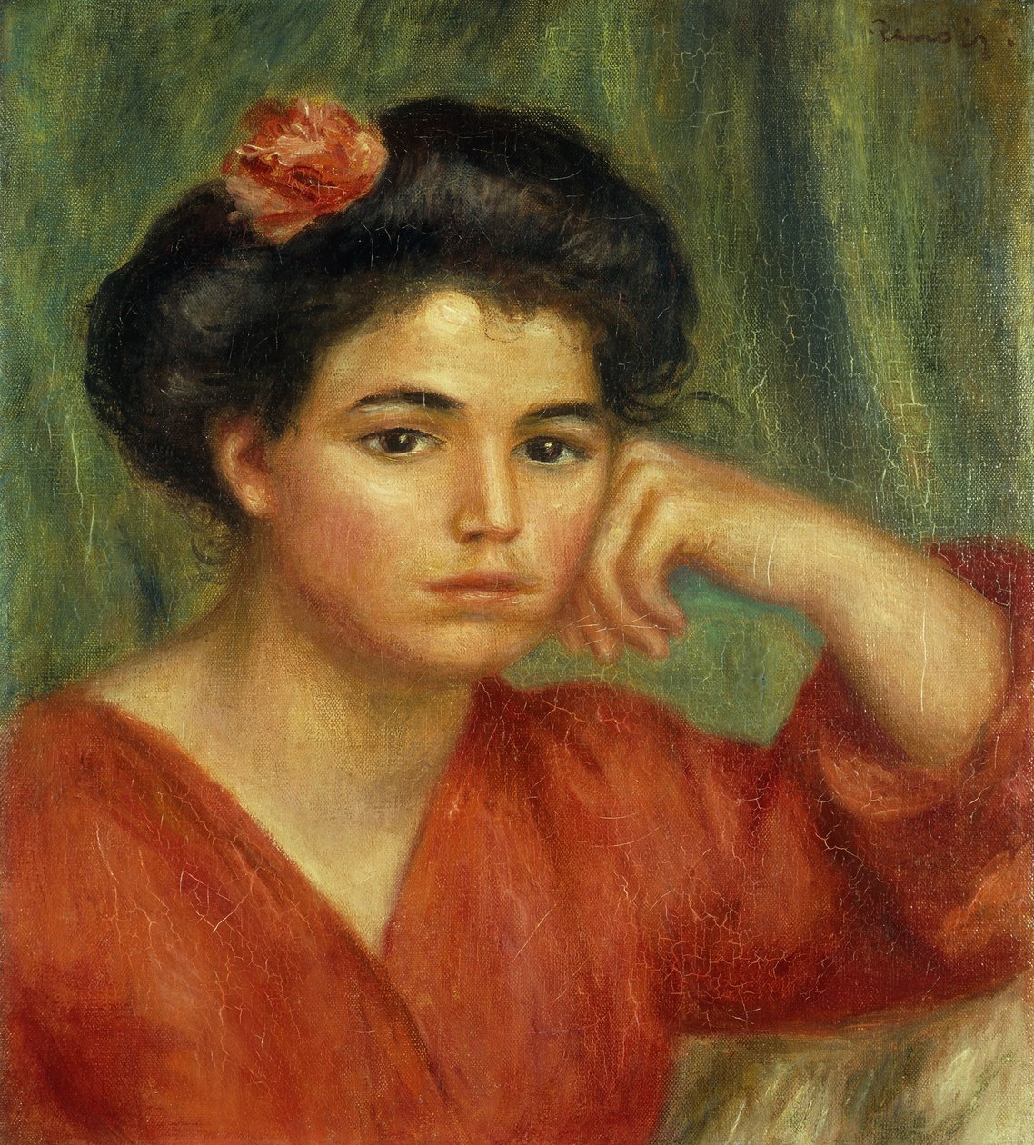 Ung kvinna med en ros; Flicka med en ros, 1907 av Pierre Auguste Renoir
