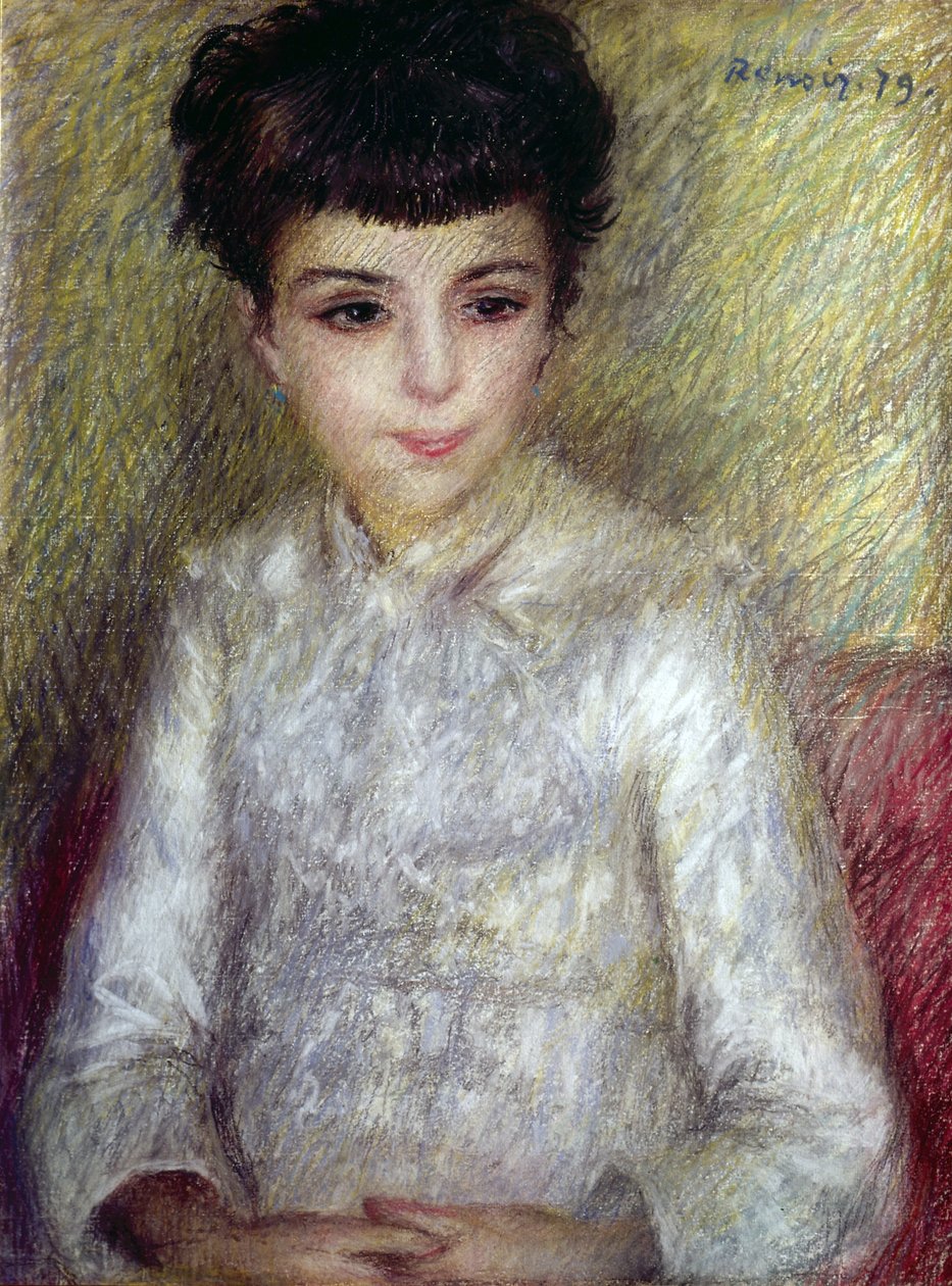 Ung brunett flicka sitter med händerna i kors av Pierre Auguste Renoir