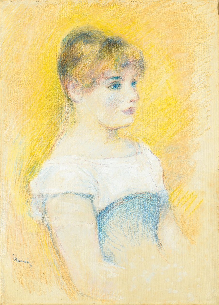 Ung flicka i en blå korsett av Pierre Auguste Renoir