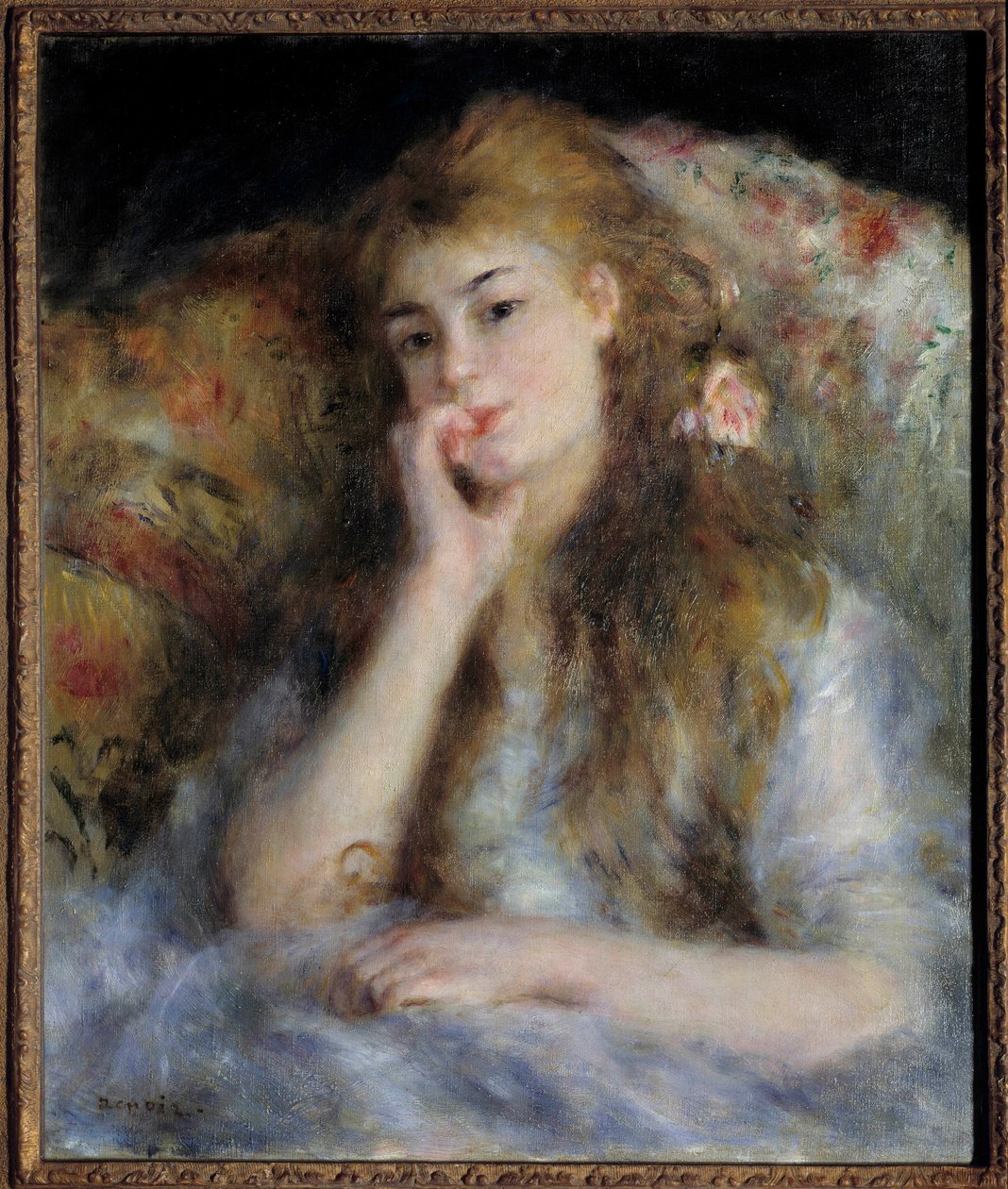 Ung flicka sitter eller "" tanken"" Målning av Pierre Auguste Renoir (1841-1919) 1876 Privat samling - Ung kvinna sittande eller "" Tanken""". Målning av Pierre Auguste Renoir (1841-1919) av Pierre Auguste Renoir