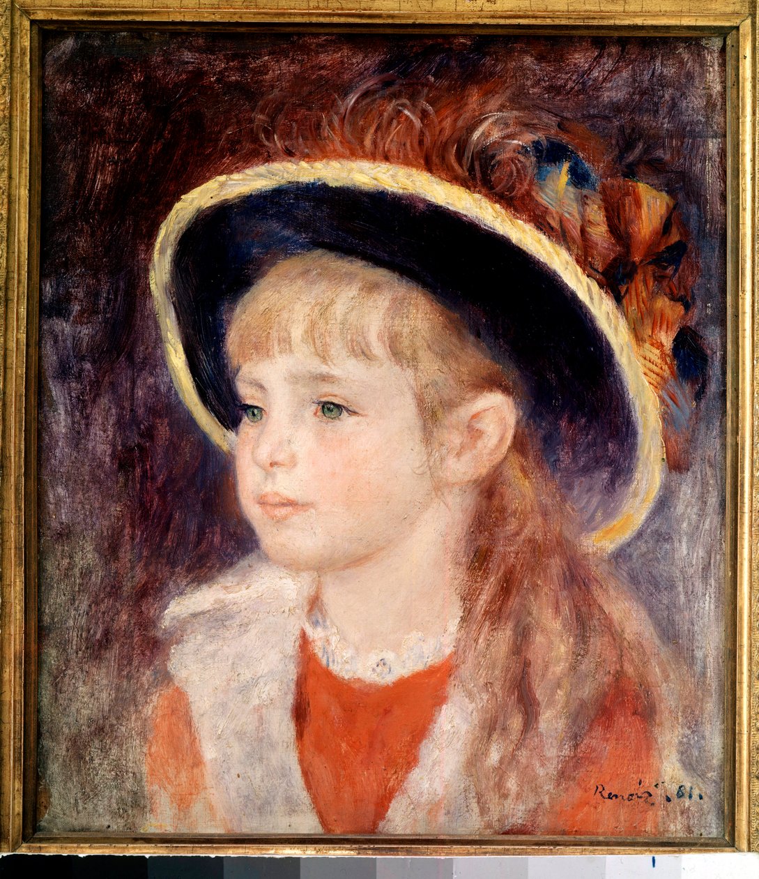 Ung flicka med en blå hatt: porträtt av Jeanne (Jane) Henriot (1878-1900), död brulee levande i elden i Comedie Francaise den 9 mars av Pierre Auguste Renoir